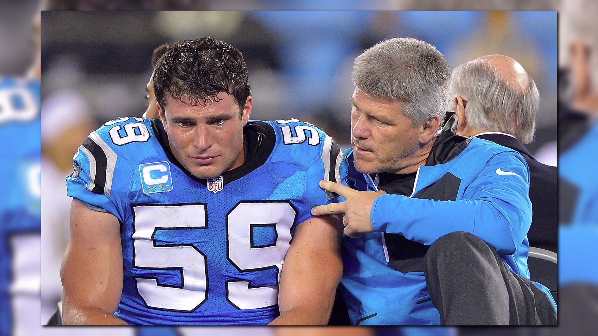 Carolina Panthers' Luke Kuechly #59 walks off the field against