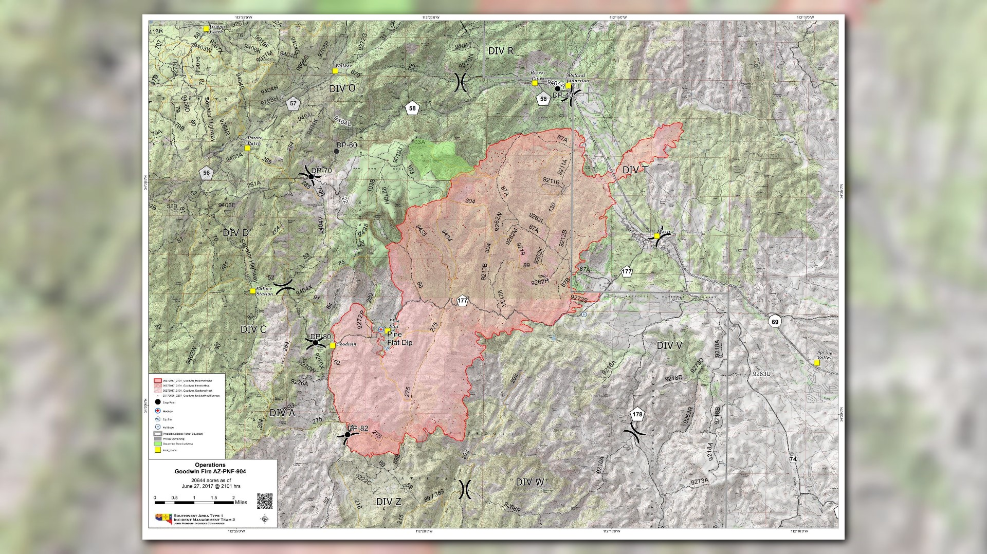 Map of the Goodwin Fire Where the fire is burning near Mayer, Arizona
